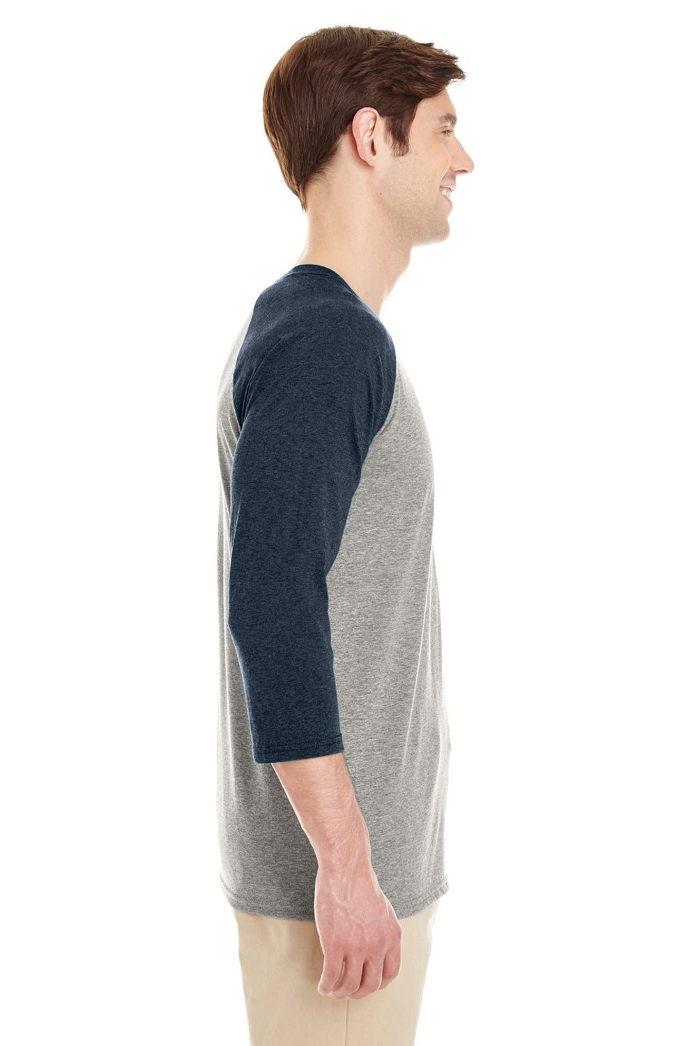 Jerzees 601RR 3/4 Sleeve Crewneck T-Shirt Oxford Grey/Indigo Blue Side