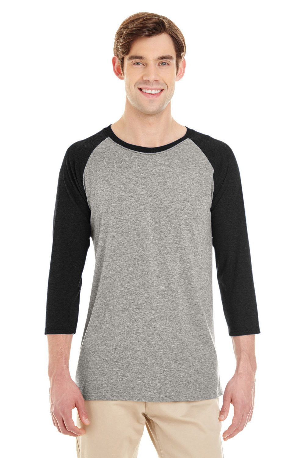 Jerzees 601RR Mens 3/4 Sleeve Crewneck T-Shirt Oxford Grey/Black Front