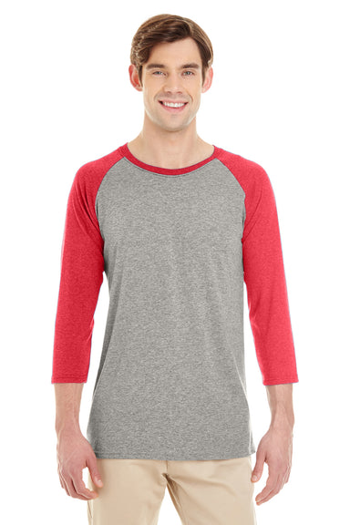 Jerzees 601RR Mens 3/4 Sleeve Crewneck T-Shirt Oxford Grey/Red Front