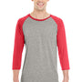 Jerzees Mens Moisture Wicking 3/4 Sleeve Crewneck T-Shirt - Oxford Grey/Fiery Red - Closeout