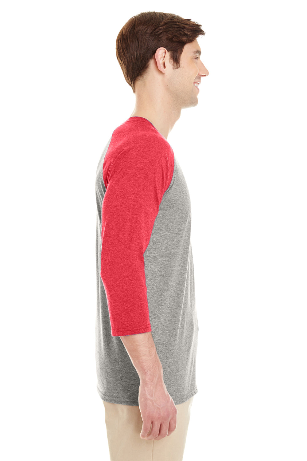 Jerzees 601RR Mens 3/4 Sleeve Crewneck T-Shirt Oxford Grey/Red Side