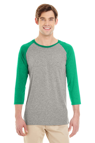 Jerzees 601RR Mens 3/4 Sleeve Crewneck T-Shirt Oxford Grey/Green Front