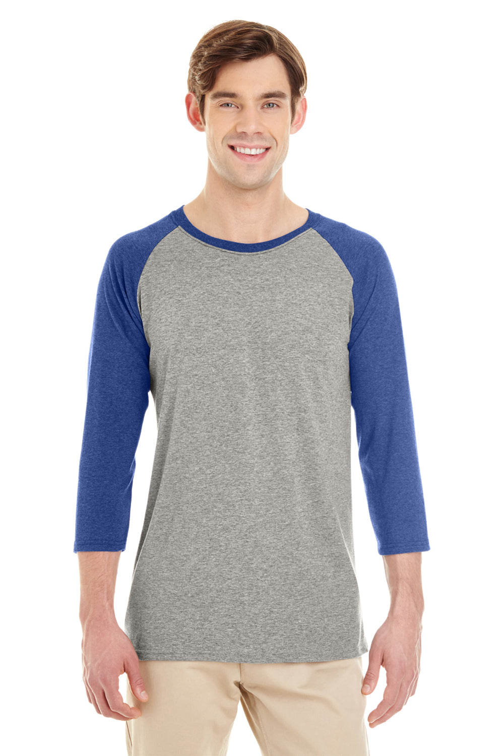 Jerzees 601RR Mens 3/4 Sleeve Crewneck T-Shirt Oxford Grey/Blue Front