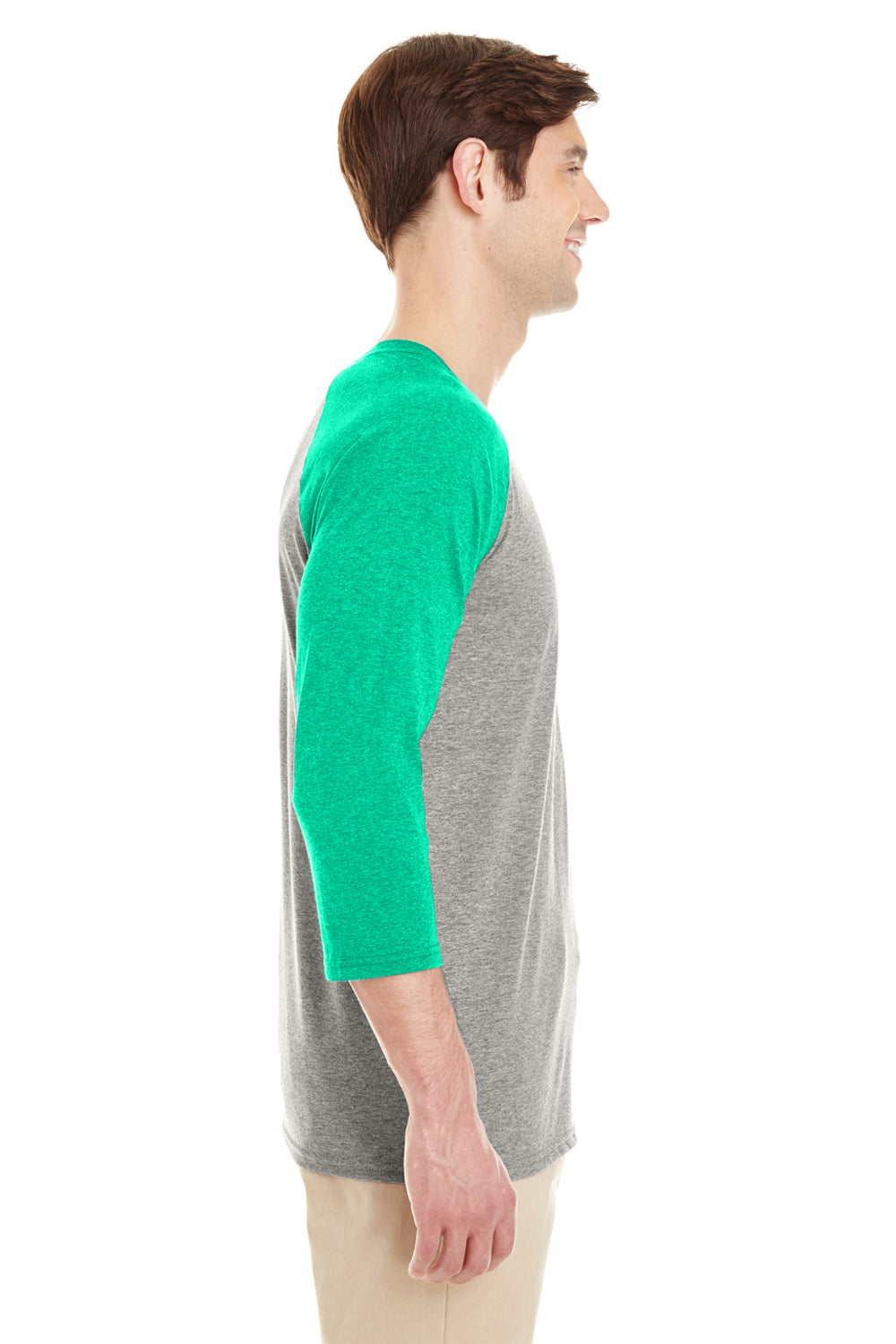 Jerzees 601RR 3/4 Sleeve Crewneck T-Shirt Oxford Grey/Mint Green Side
