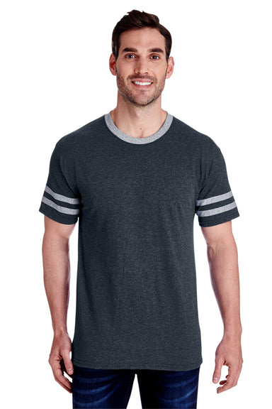 Jerzees 602MR Mens Varsity Ringer Short Sleeve Crewneck T-Shirt Heather Black/Oxford Grey Front