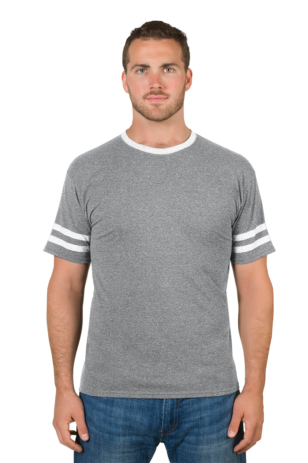Jerzees 602MR Mens Varsity Ringer Short Sleeve Crewneck T-Shirt Heather Oxford Grey/White Front