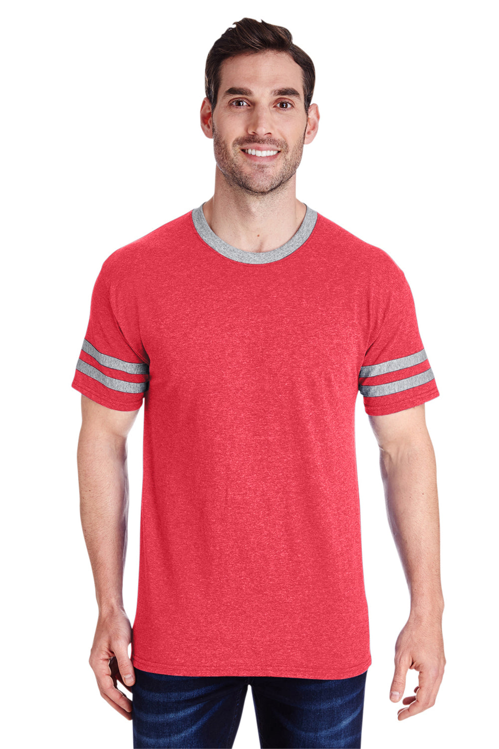 Jerzees 602MR Mens Varsity Ringer Short Sleeve Crewneck T-Shirt Heather Red/Oxford Grey Front