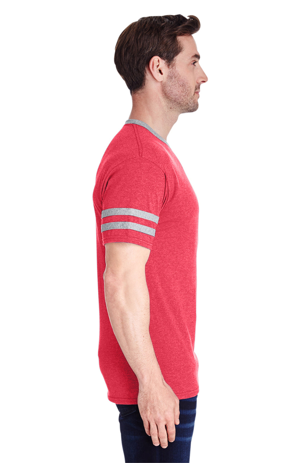 Jerzees 602MR Mens Varsity Ringer Short Sleeve Crewneck T-Shirt Heather Red/Oxford Grey Side