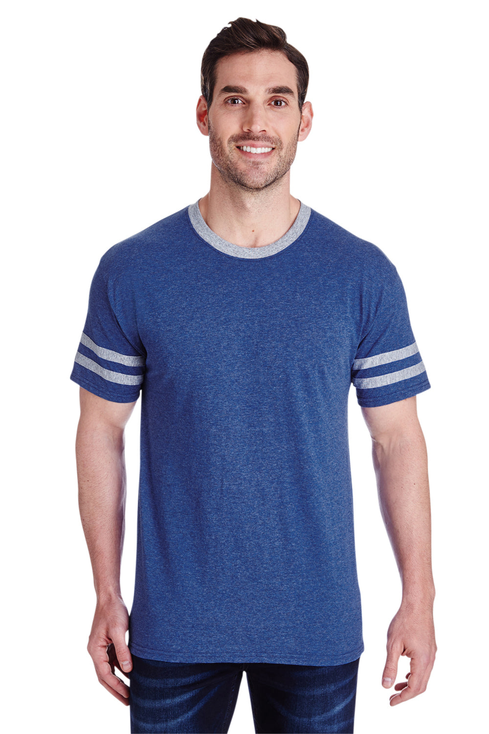 Jerzees 602MR Mens Varsity Ringer Short Sleeve Crewneck T-Shirt Heather Blue/Oxford Grey Front