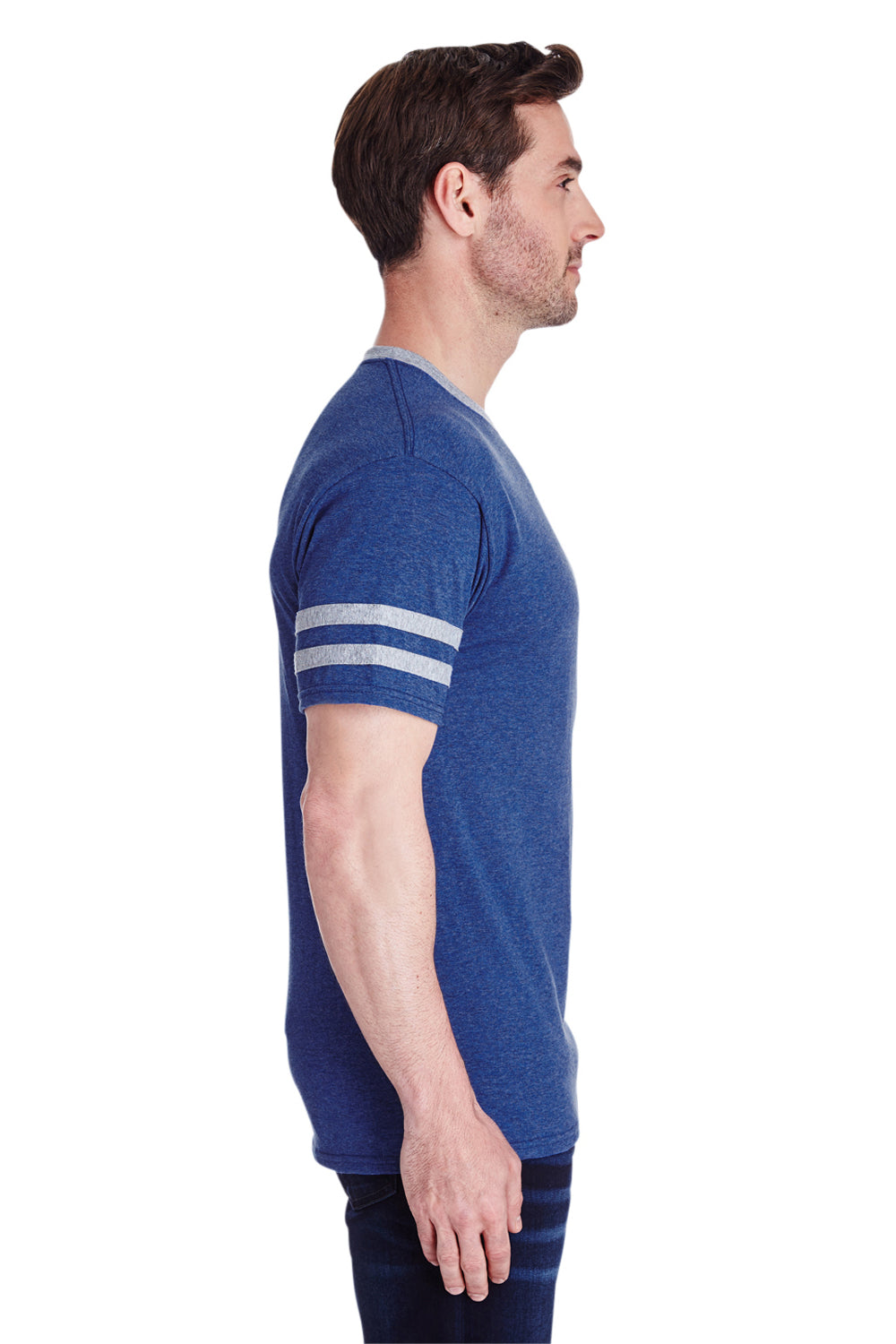 Jerzees 602MR Mens Varsity Ringer Short Sleeve Crewneck T-Shirt Heather Blue/Oxford Grey Side
