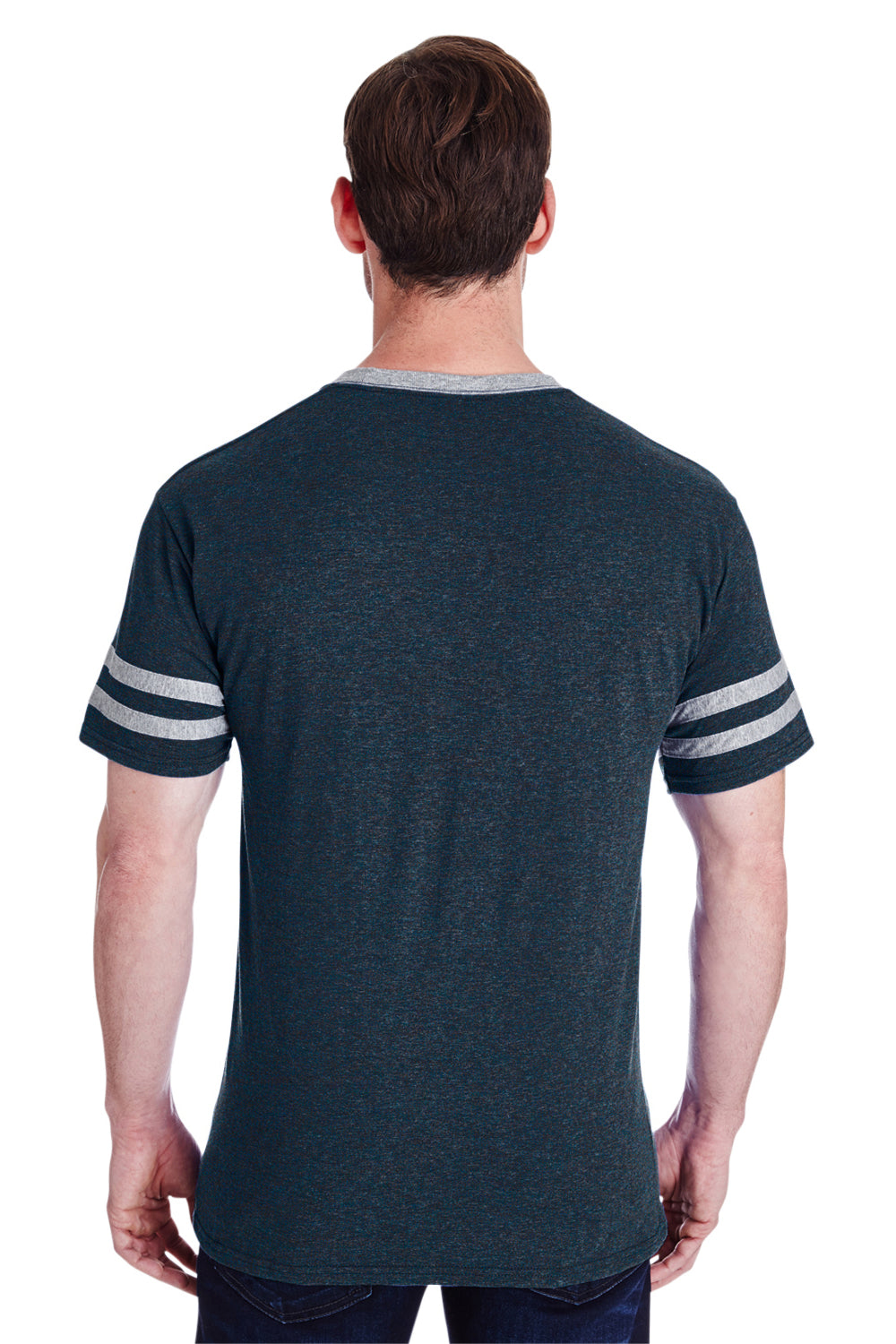 Jerzees 602MR Mens Varsity Ringer Short Sleeve Crewneck T-Shirt Heather Indigo Blue/Oxford Grey Back