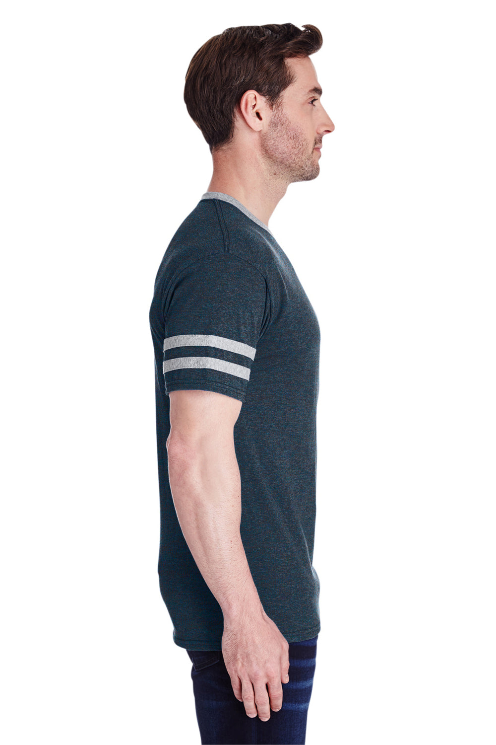 Jerzees 602MR Mens Varsity Ringer Short Sleeve Crewneck T-Shirt Heather Indigo Blue/Oxford Grey Side