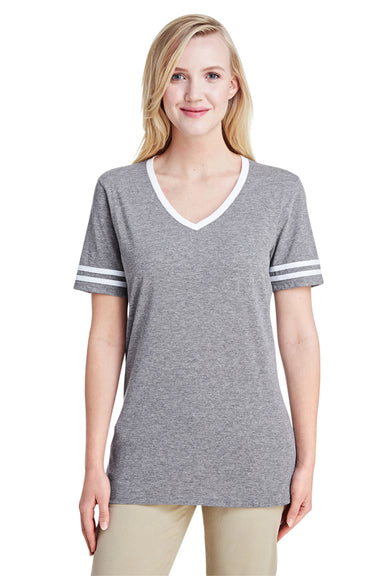 Jerzees 602WVR Womens Varsity Ringer Short Sleeve V-Neck T-Shirt Heather Oxford Grey/White Front