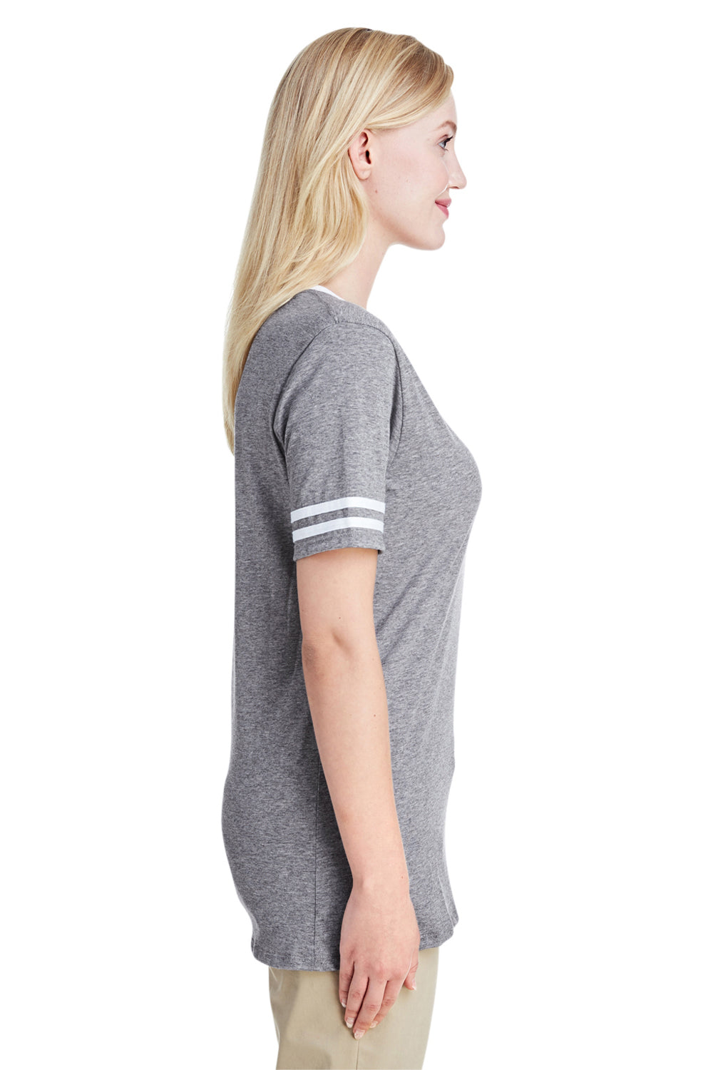 Jerzees 602WVR Womens Varsity Ringer Short Sleeve V-Neck T-Shirt Heather Oxford Grey/White Side