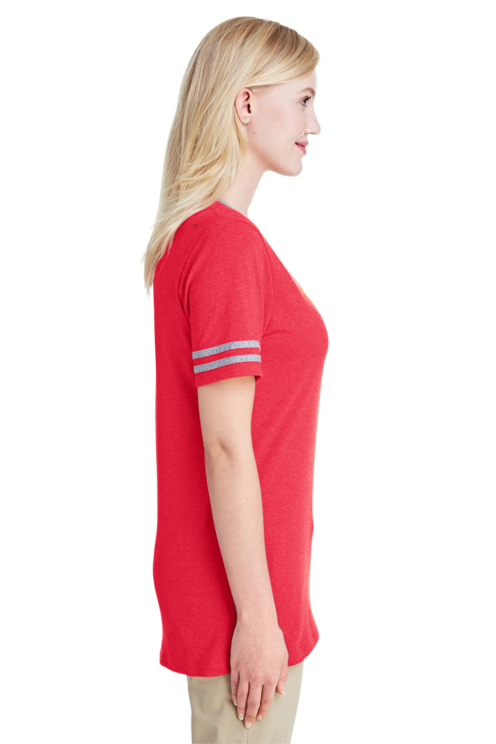 Jerzees 602WVR Womens Varsity Ringer Short Sleeve V-Neck T-Shirt Heather Red/Oxford Grey Side