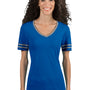 Jerzees Womens Varsity Ringer Moisture Wicking Short Sleeve V-Neck T-Shirt - Heather True Blue/Oxford Grey - Closeout
