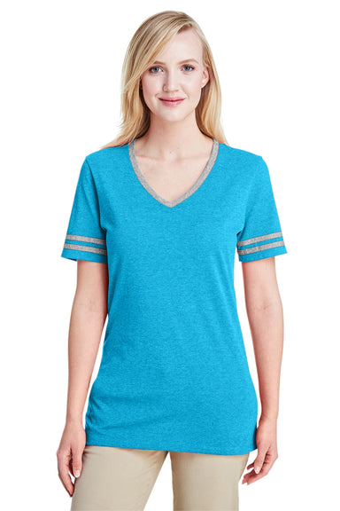Jerzees 602WVR Womens Varsity Ringer Short Sleeve V-Neck T-Shirt Heather Caribbean Blue/Oxford Grey Front
