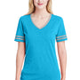 Jerzees Womens Varsity Ringer Moisture Wicking Short Sleeve V-Neck T-Shirt - Heather Caribbean Blue/Oxford Grey - Closeout