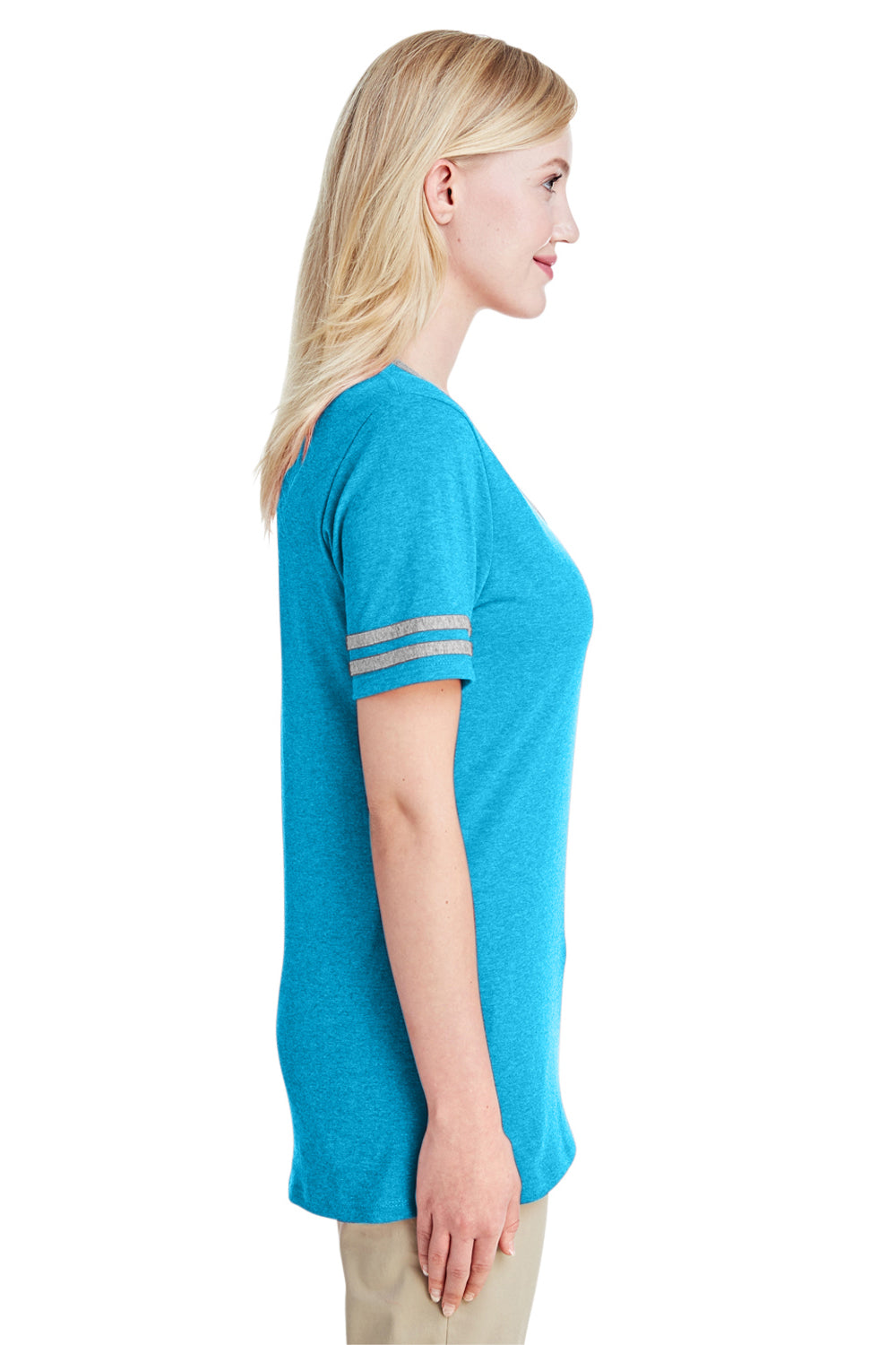Jerzees 602WVR Womens Varsity Ringer Short Sleeve V-Neck T-Shirt Heather Caribbean Blue/Oxford Grey Side