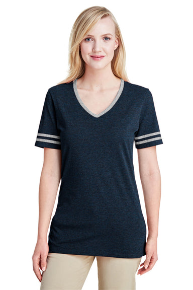 Jerzees 602WVR Womens Varsity Ringer Short Sleeve V-Neck T-Shirt Heather Indigo Blue/Oxford Grey Front