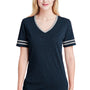 Jerzees Womens Varsity Ringer Moisture Wicking Short Sleeve V-Neck T-Shirt - Heather Indigo Blue/Oxford Grey - Closeout