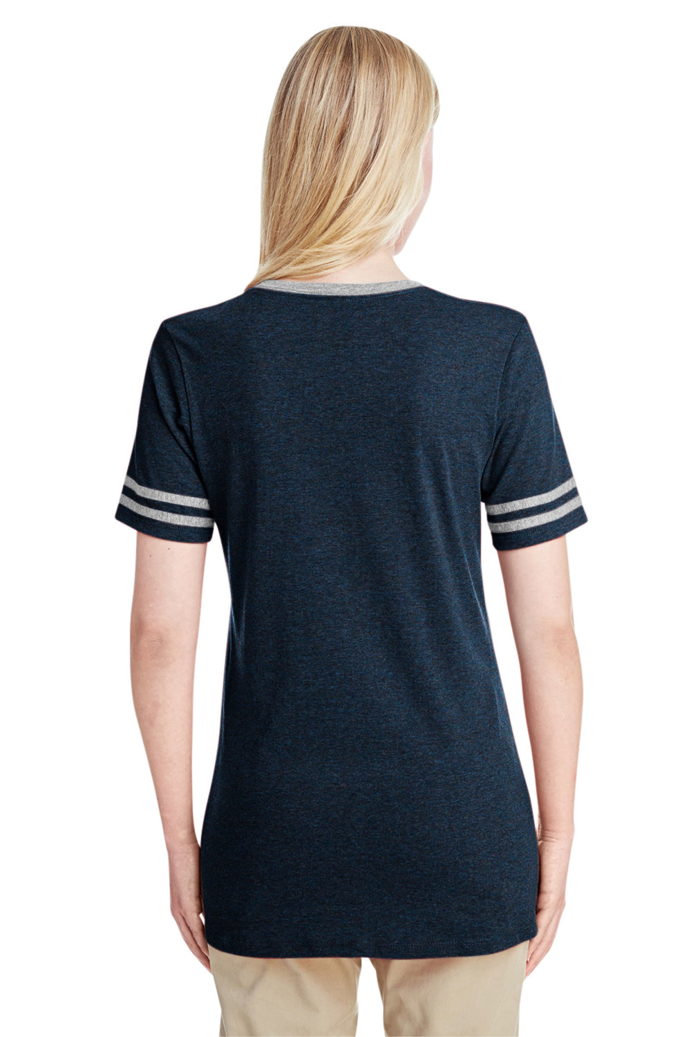 Jerzees 602WVR Womens Varsity Ringer Short Sleeve V-Neck T-Shirt Heather Indigo Blue/Oxford Grey Back