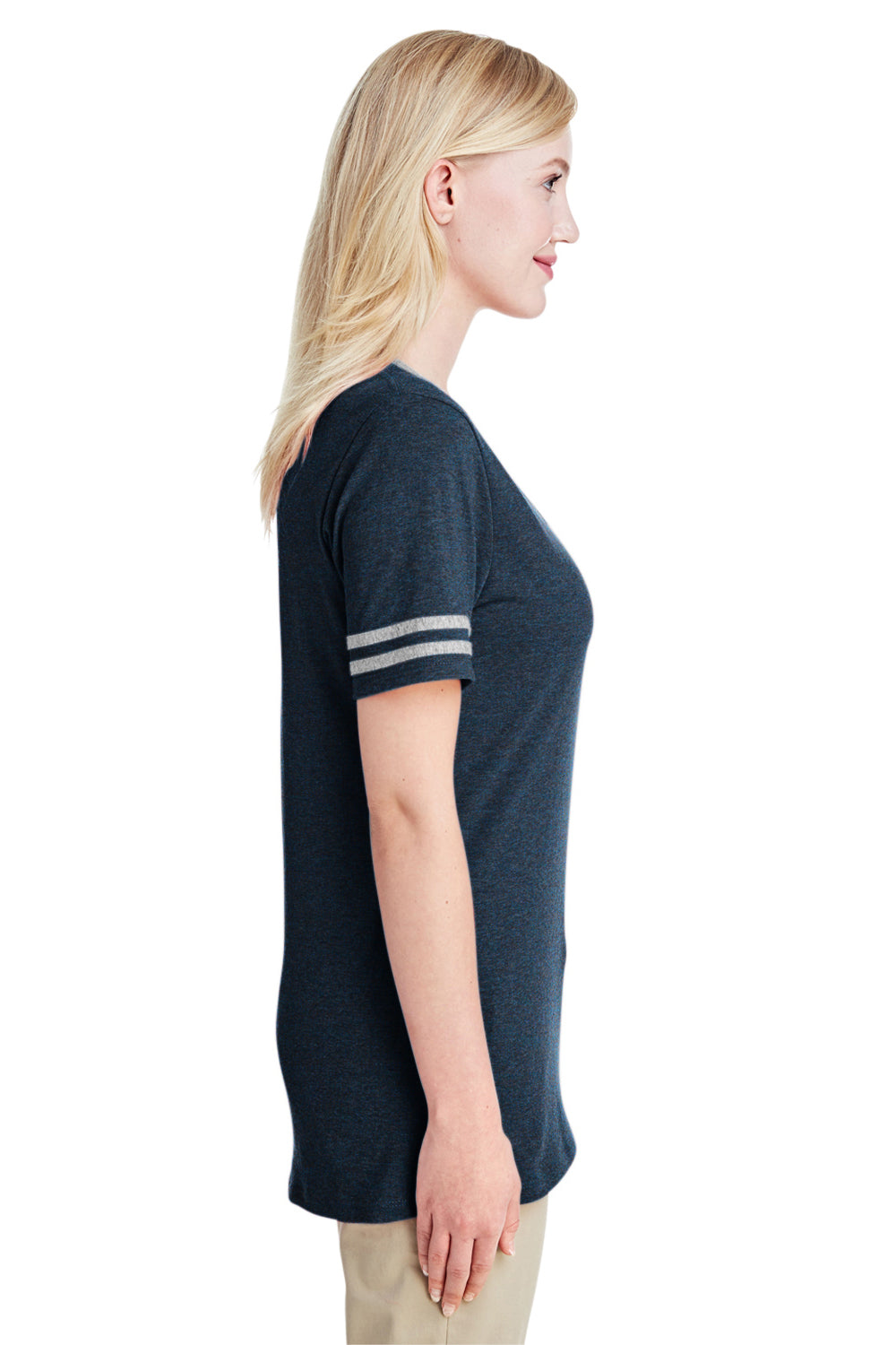 Jerzees 602WVR Womens Varsity Ringer Short Sleeve V-Neck T-Shirt Heather Indigo Blue/Oxford Grey Side