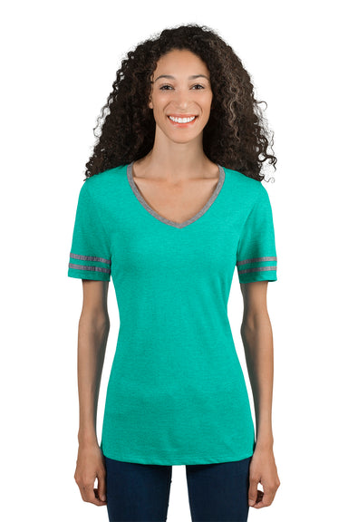 Jerzees 602WVR Womens Varsity Ringer Short Sleeve V-Neck T-Shirt Heather Mint Green/Oxford Grey Front