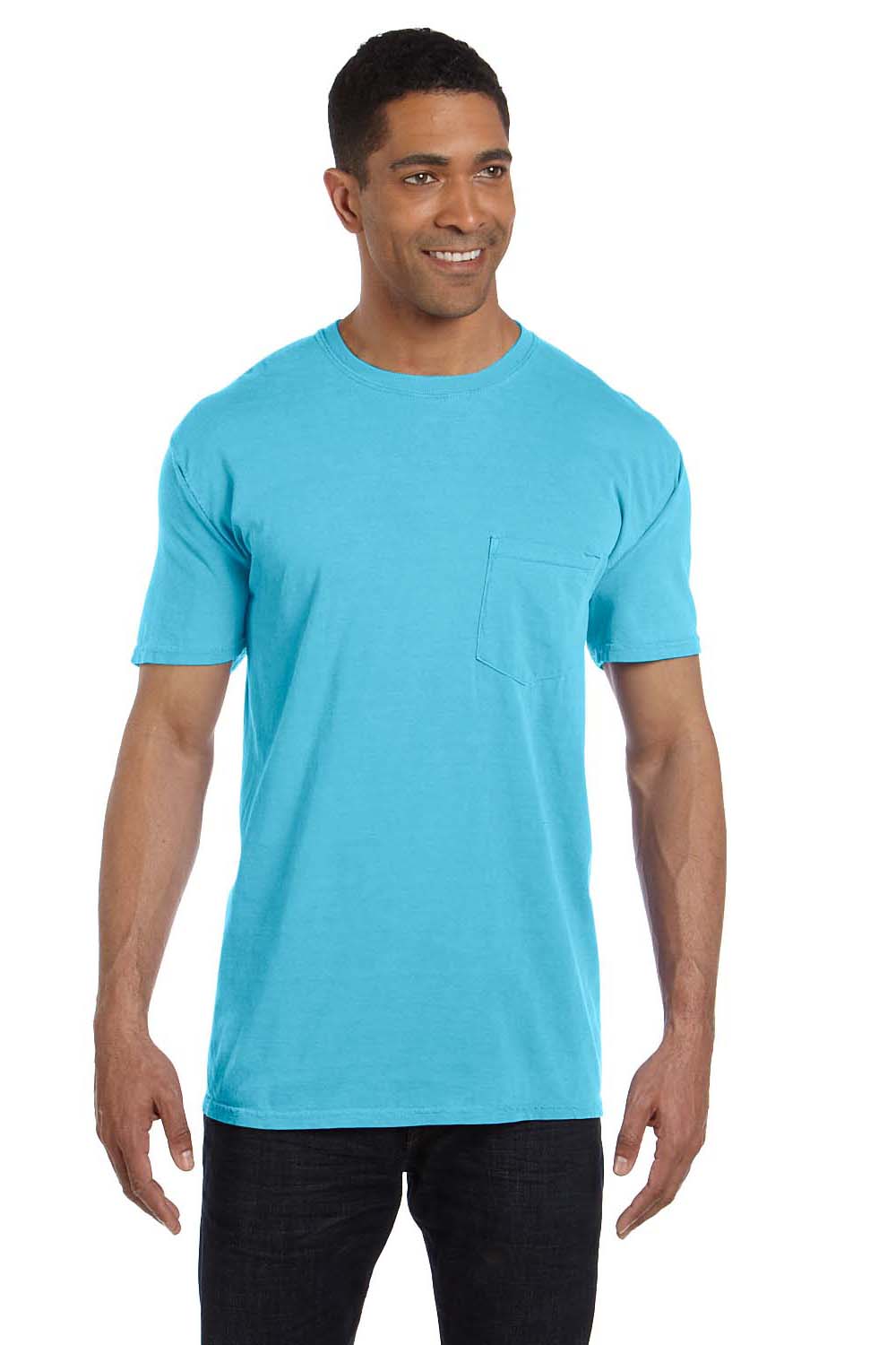 Comfort Colors 6030CC Mens Short Sleeve Crewneck T-Shirt w/ Pocket Lagoon Blue Front