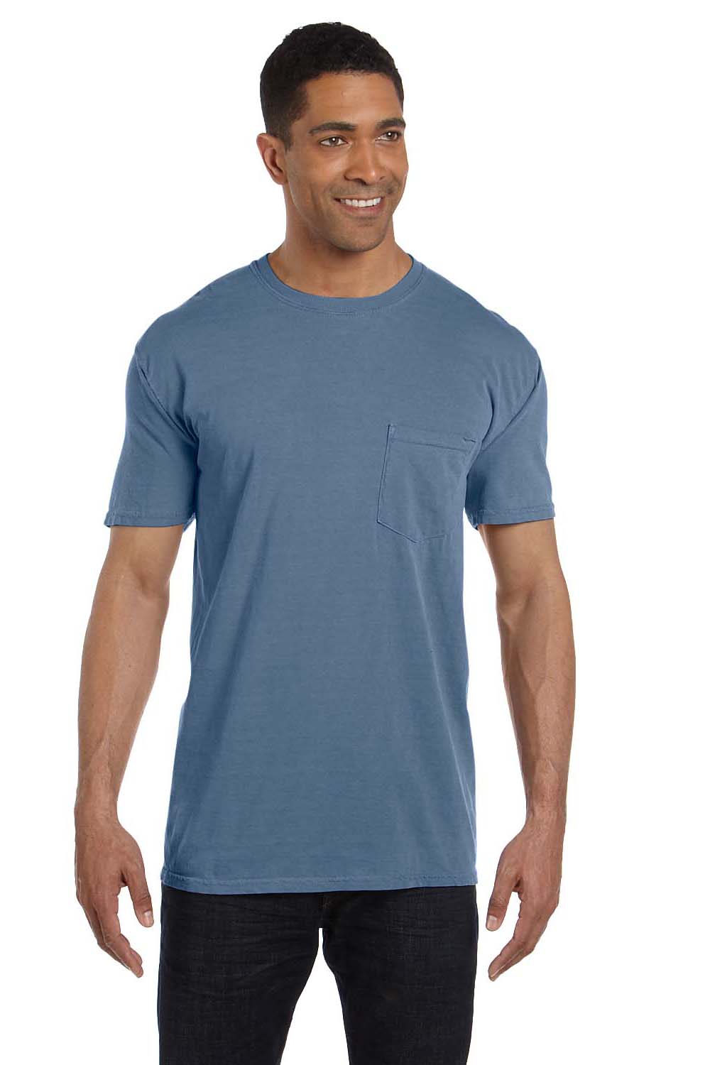 Comfort Colors 6030CC Mens Short Sleeve Crewneck T-Shirt w/ Pocket Blue Jean Front