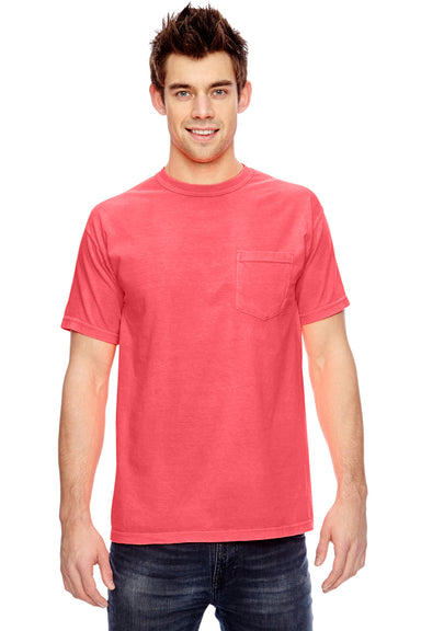 Comfort Colors 6030CC Mens Short Sleeve Crewneck T-Shirt w/ Pocket Neon Red Orange Front