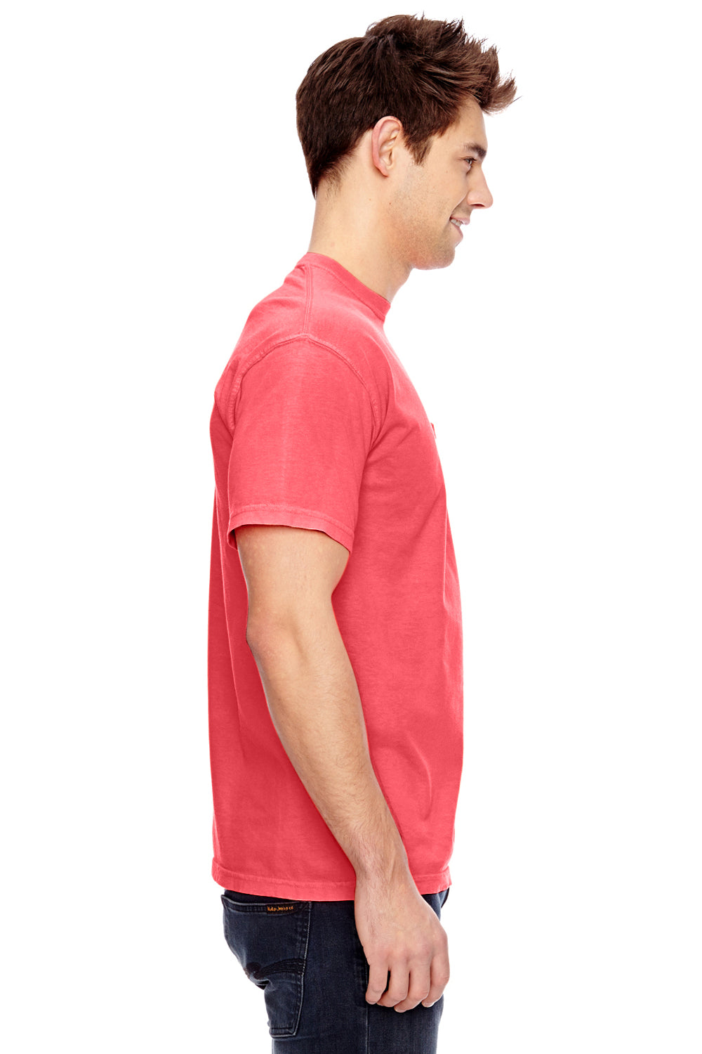 Comfort Colors 6030CC Mens Short Sleeve Crewneck T-Shirt w/ Pocket Neon Red Orange Side