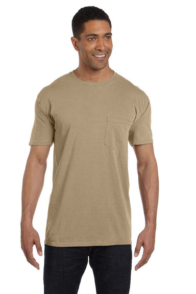 Comfort Colors 6030CC Mens Short Sleeve Crewneck T-Shirt w/ Pocket Khaki Brown Front