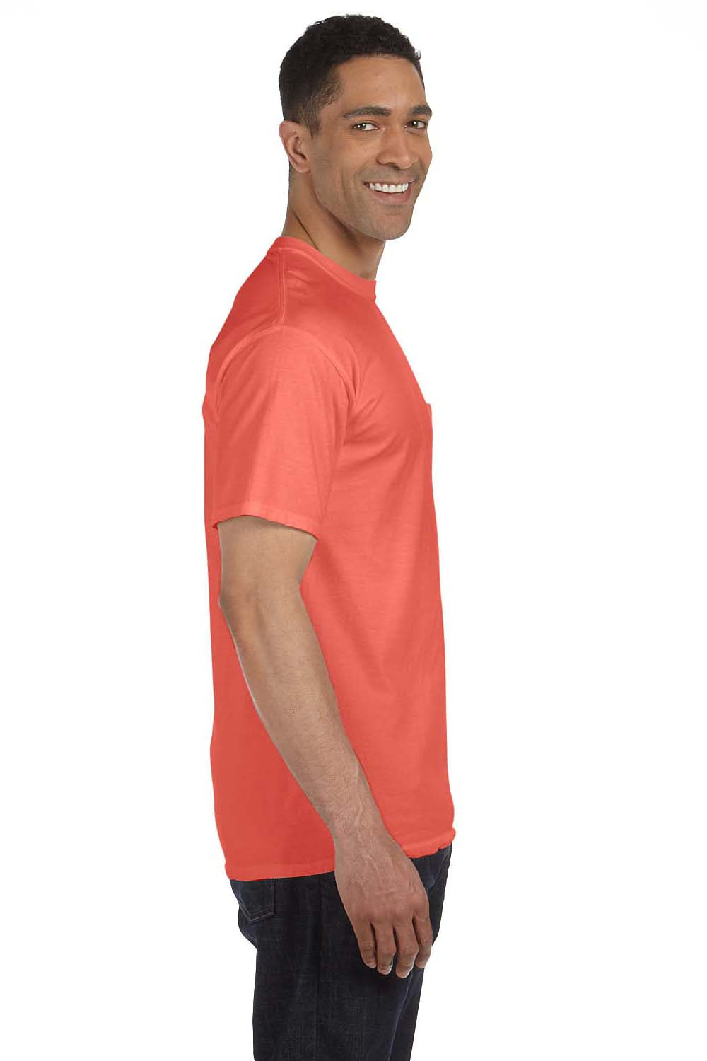 Comfort Colors 6030CC Mens Short Sleeve Crewneck T-Shirt w/ Pocket Bright Salmon Orange Side
