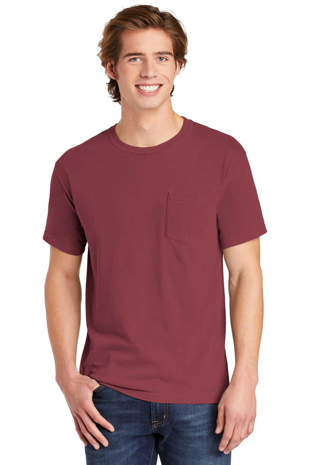 Comfort Colors 6030CC Mens Short Sleeve Crewneck T-Shirt w/ Pocket Brick Red Front
