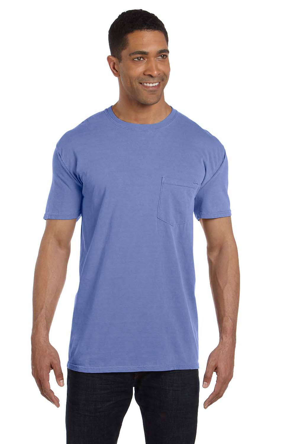 Comfort Colors 6030CC Mens Short Sleeve Crewneck T-Shirt w/ Pocket Flo Blue Front