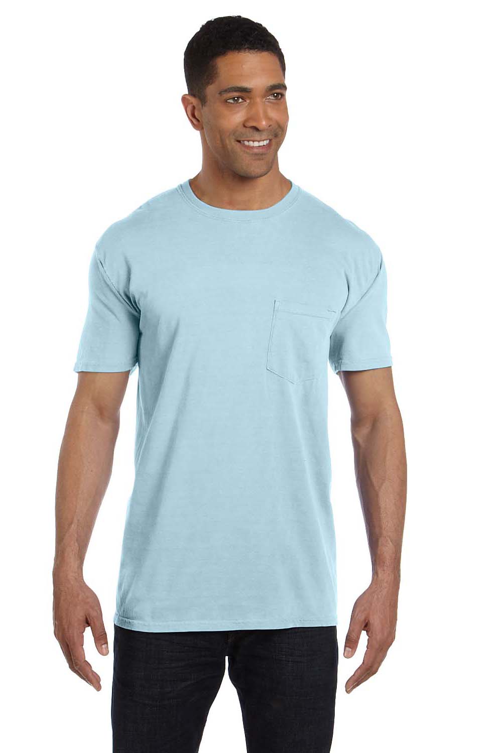 Comfort Colors 6030CC Mens Short Sleeve Crewneck T-Shirt w/ Pocket Chambray Blue Front