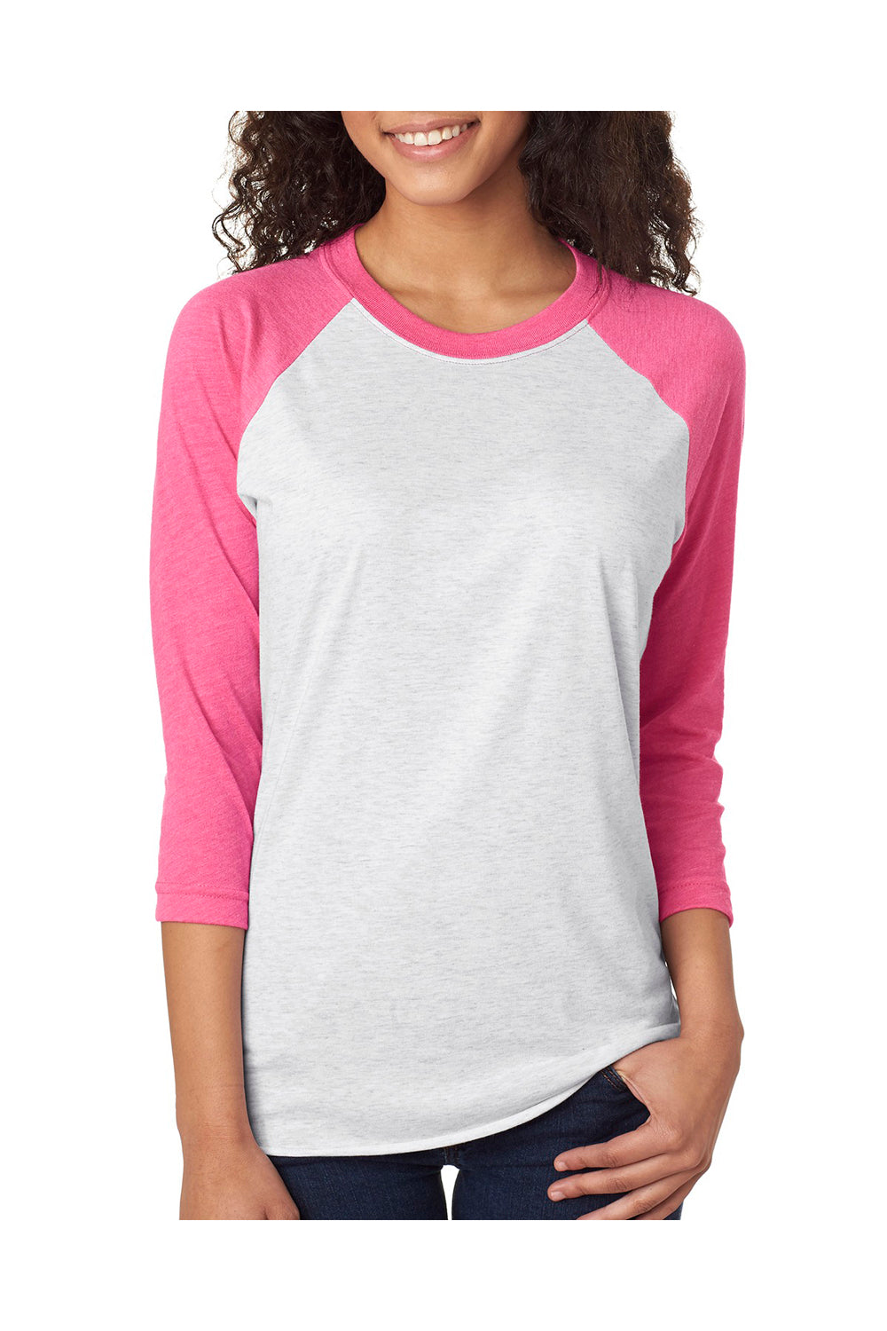 Next Level 6051 Mens Jersey 3/4 Sleeve Crewneck T-Shirt Heather White/Pink Front