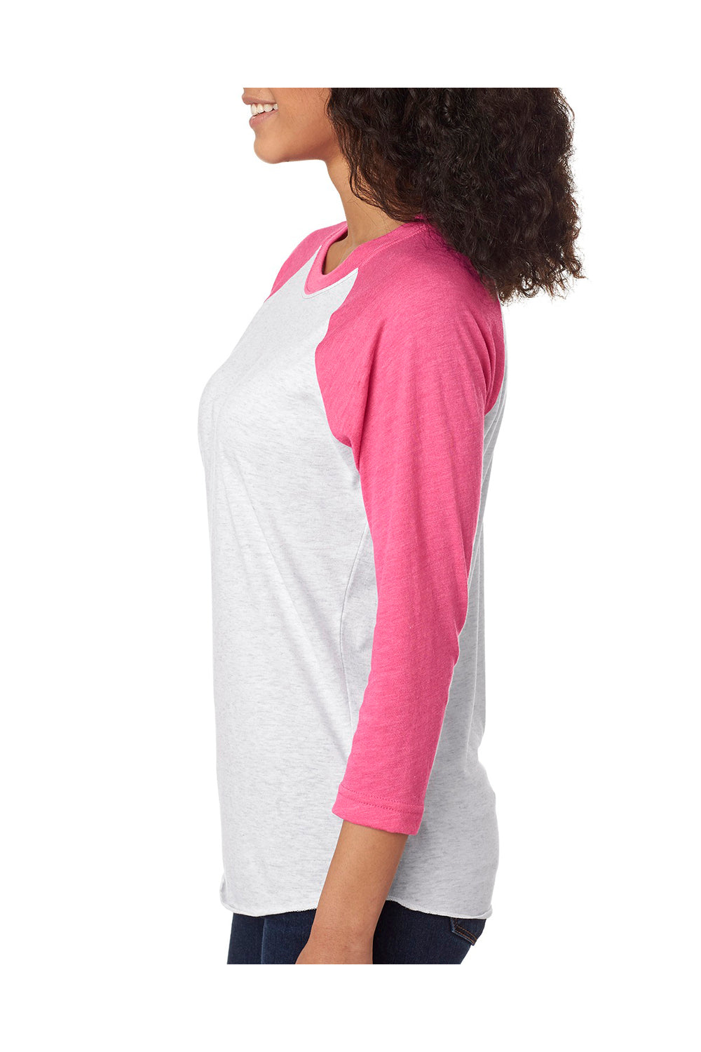 Next Level 6051 Mens Jersey 3/4 Sleeve Crewneck T-Shirt Heather White/Pink Side