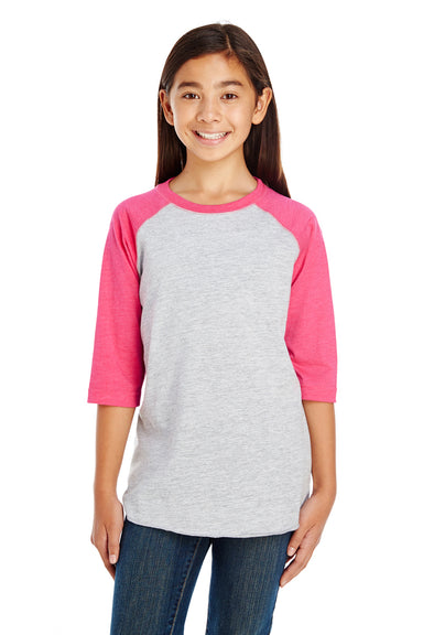 LAT 6130 Youth Fine Jersey 3/4 Sleeve Crewneck T-Shirt Heather Grey/Pink Front