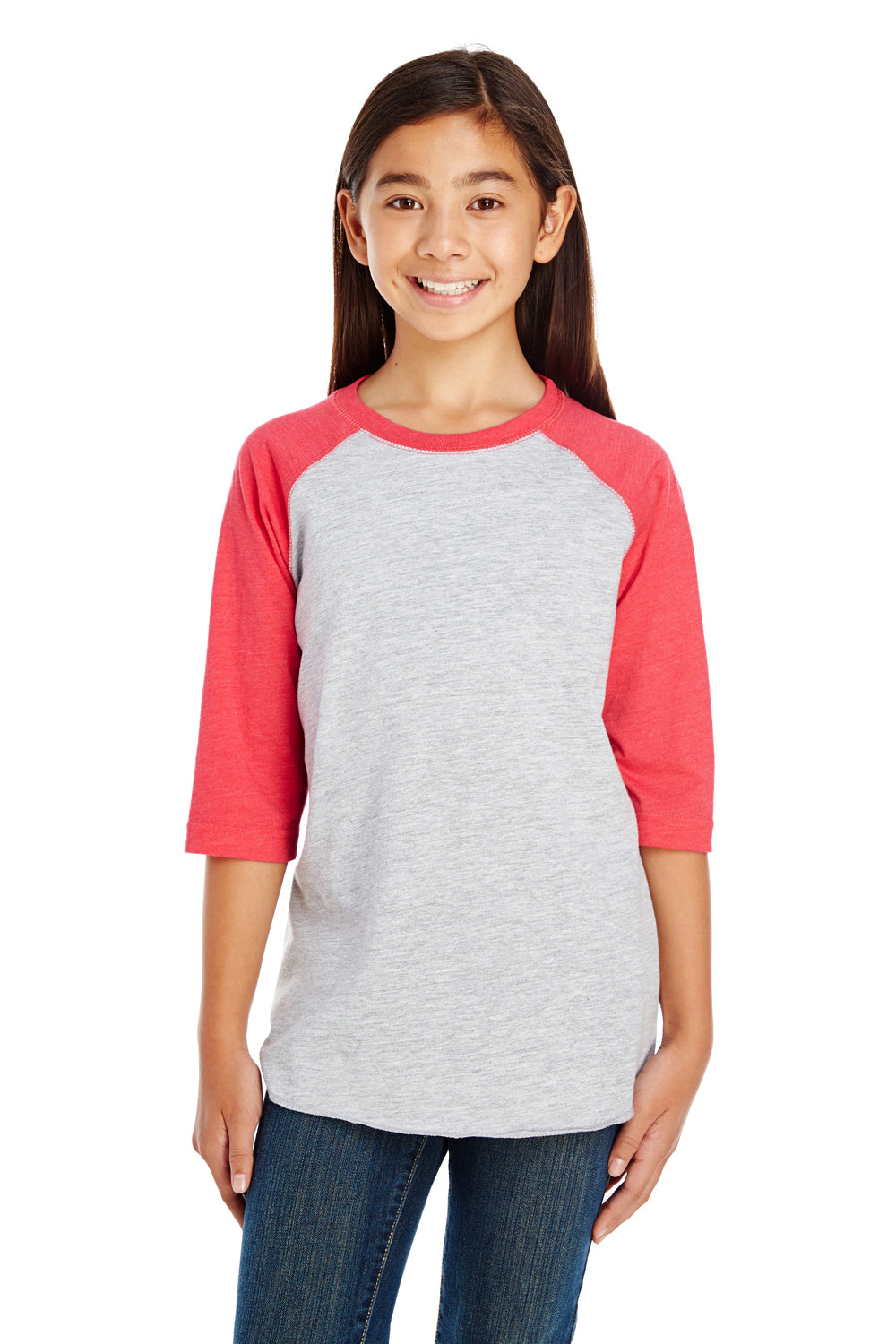 LAT 6130 Youth Fine Jersey 3/4 Sleeve Crewneck T-Shirt Heather Grey/Red Front