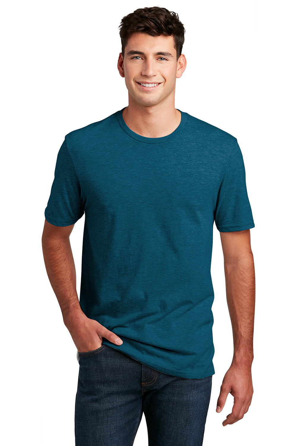 District DM108 Mens Perfect Blend Short Sleeve Crewneck T-Shirt Deep Turquoise Blue Fleck Front
