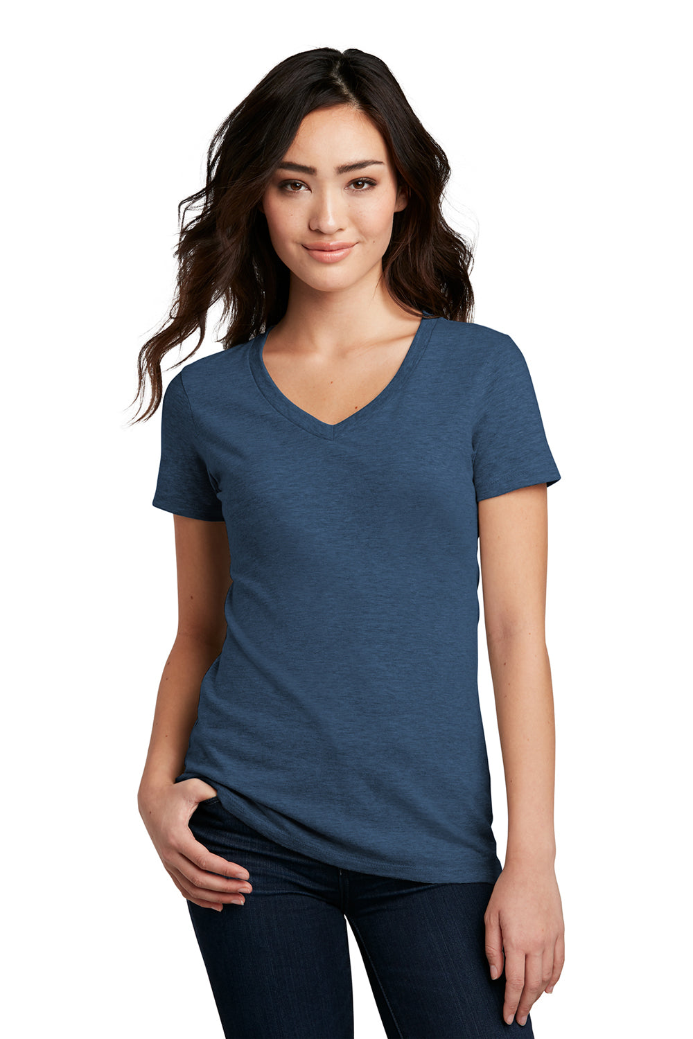 District DM1190L Womens Perfect Blend Short Sleeve V-Neck T-Shirt Deep Royal Blue Fleck Front