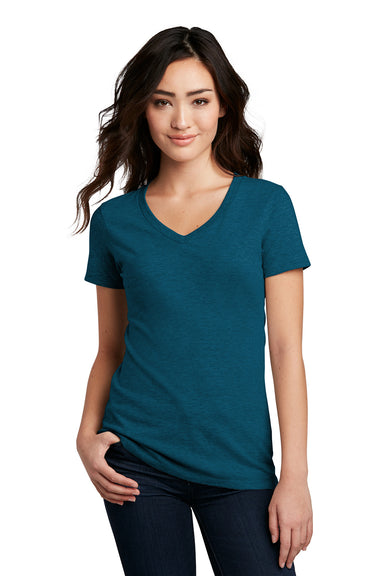 District DM1190L Womens Perfect Blend Short Sleeve V-Neck T-Shirt Deep Turquoise Blue Fleck Front
