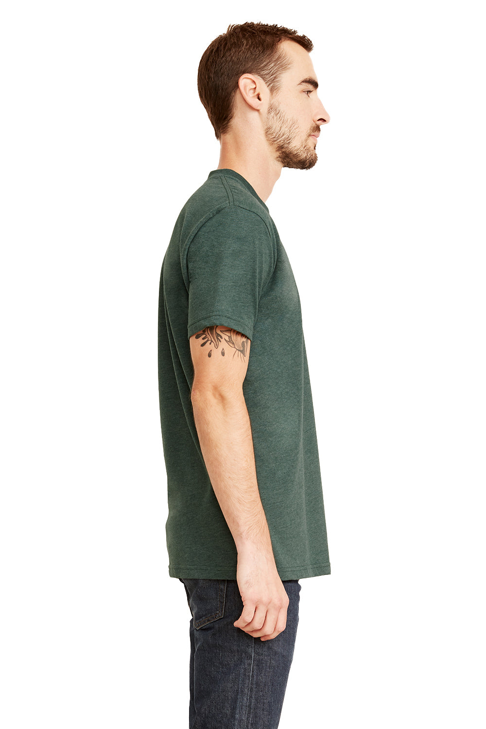 Next Level 6410 Mens Sueded Jersey Short Sleeve Crewneck T-Shirt Heather Forest Green Side