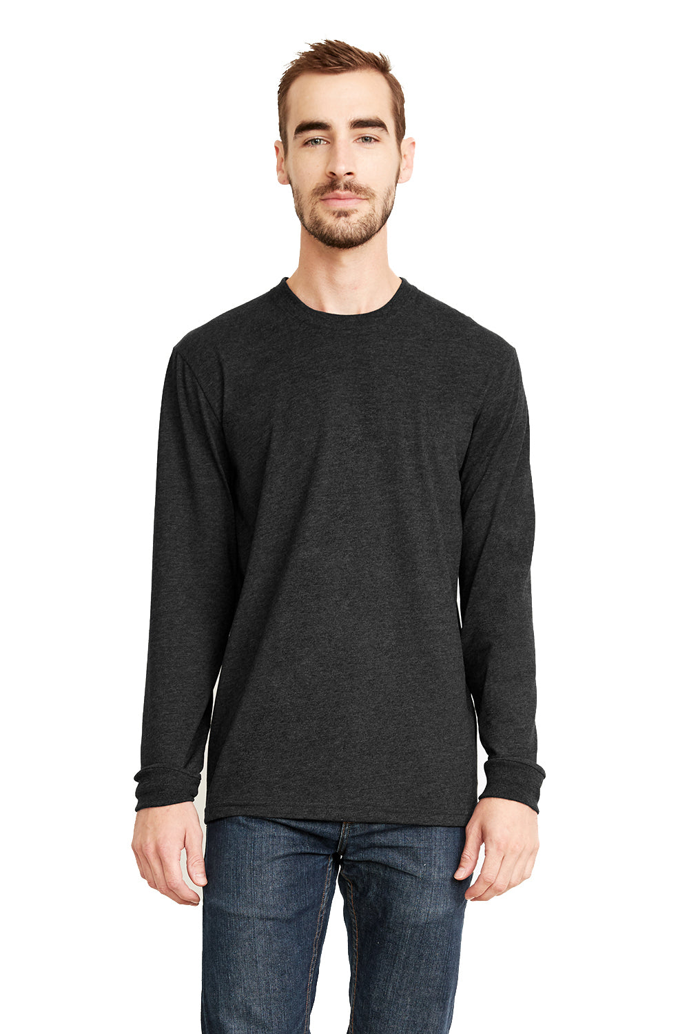 Next Level 6411 Mens Sueded Jersey Long Sleeve Crewneck T-Shirt Heather Charcoal Grey Front