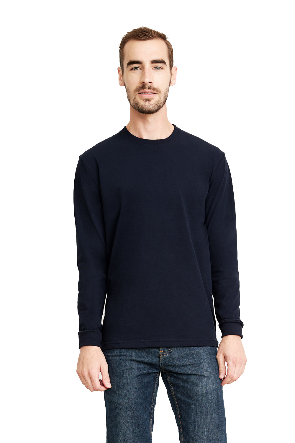 Next Level 6411 Mens Sueded Jersey Long Sleeve Crewneck T-Shirt Navy Blue Front
