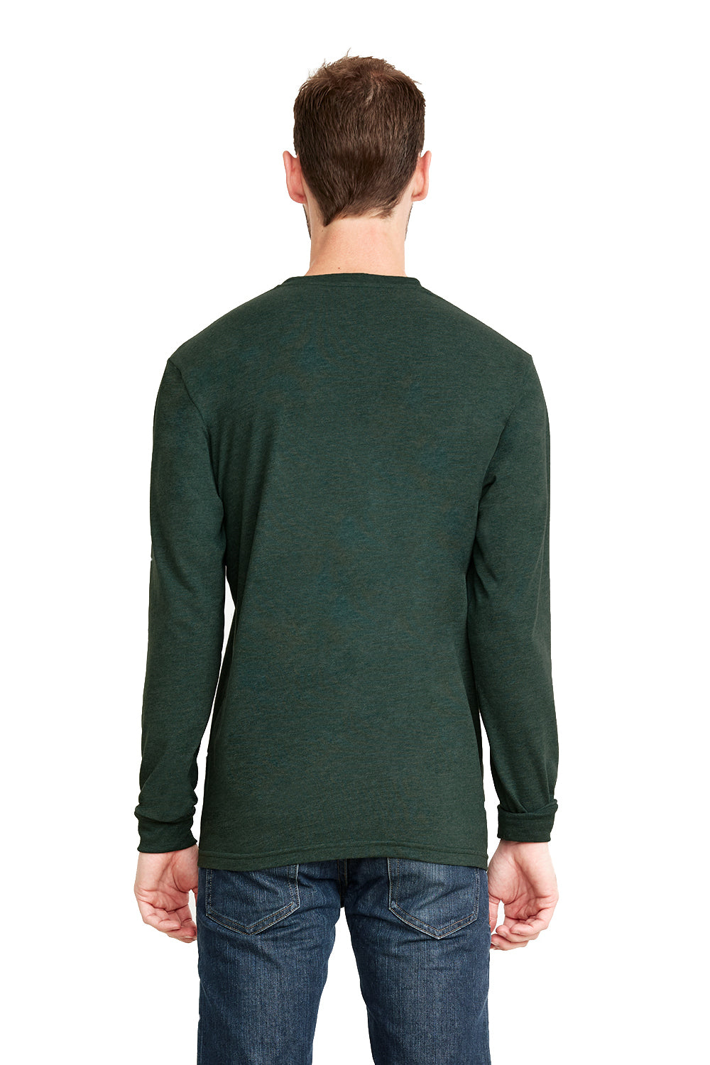 Next Level 6411 Mens Sueded Jersey Long Sleeve Crewneck T-Shirt Heather Forest Green Back