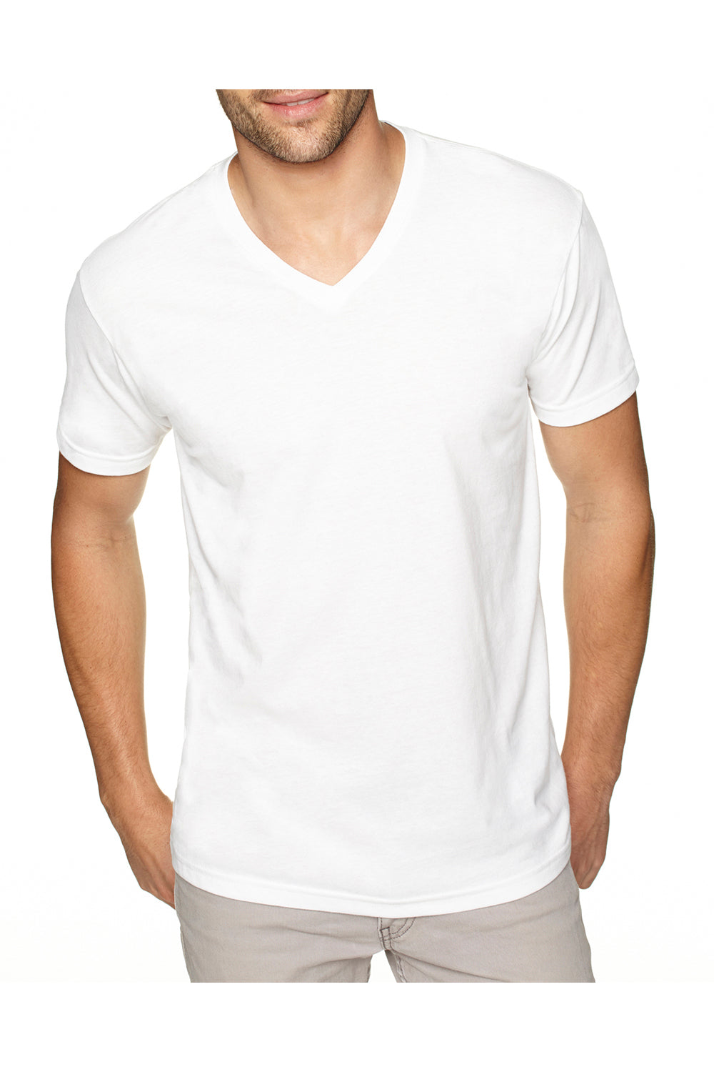 Next Level 6440 Mens Sueded Jersey Short Sleeve V-Neck T-Shirt White Front