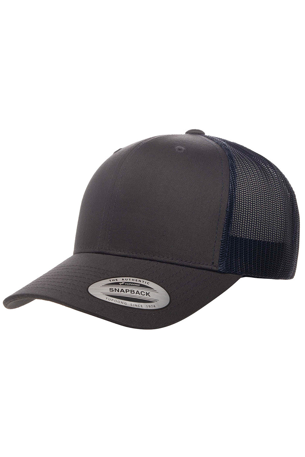 Yupoong 6606 Mens Adjustable Trucker Hat Charcoal Grey/Navy Blue Front